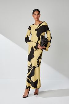 Citrine Yellow Abstract Long Sleeve Midi Column Dress