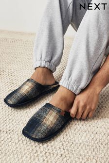Navy Blue Check Mule Slippers