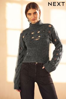 Charcoal Grey 2 In 1 Open Stitch Vest and Roll Neck Cropped Shrug Jumper