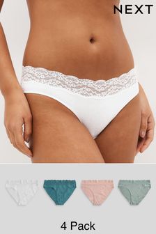 Green/Blush/White Cotton and Lace Knickers 4 Pack