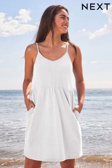 White Cotton Seersucker Mini V-Neck Cami Summer Dress