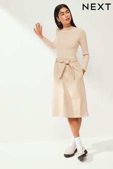 Neutral 2-In-1 High Neck Faux Leather PU Mix Belted Jumper Dress