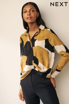 Black/Brown Abstract Patch Twist Front Long Sleeve Sheer Textured Blouse