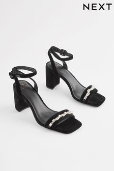 Black Forever Comfort® Pearl Trim Block Heel Sandals