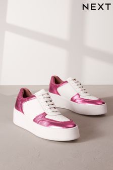 White/Pink Signature Leather Retro Chunky Wedge Platform Trainers