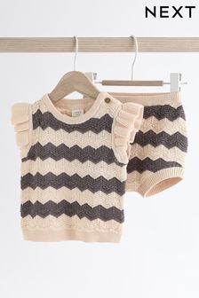 Tan/ Monochrome Zig Zag Stripe Baby Knitted Crochet Top And Shorts Set (0mths-2yrs)