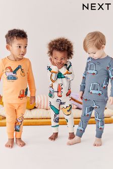 Blue/Orange Digger Long Sleeve 3 Pack Pyjamas Set (9mths-8yrs)