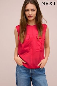 Red Utility Sheer Sleeveless Top