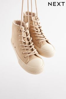 Neutral Brown Faux Fur Lined Lace-Up High Top Trainers