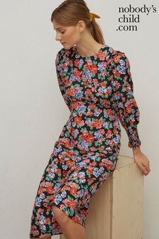 Longsleeve Floral Midi Black Dresses 