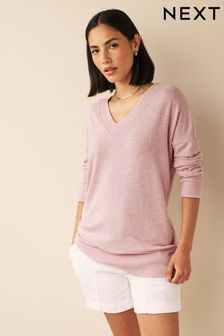 Blush Pink Cosy Lightweight Soft Touch Longline V-Neck Jumper Top