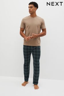 Stone Natural/Navy Blue/Green Check Cotton Pyjamas Set