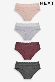 Grey Marl/Pink/Plum Lace Trim Cotton Blend Knickers 4 Pack