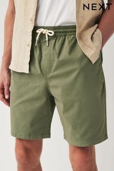 Khaki Green Washed Cotton Elasticated Waist Shorts