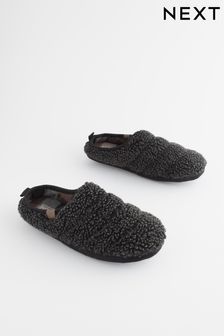 Charcoal Grey Padded Borg Mule Slippers
