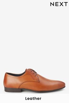 Tan Brown Leather Plain Derby Shoes