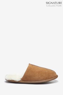 Tan Brown Signature Suede Sheepskin Lined Mule Slippers