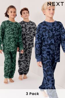 Grey/Blue/Green Camouflage 3 Pack Long Sleeve Pyjamas (3-16yrs)