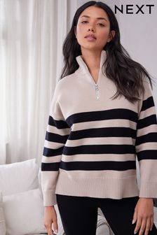 Beige Stripe Half Zip Knit Stripe Jumper