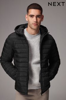 Black Shower Resistant Lightweight Hooded Puffer Coat Jacket