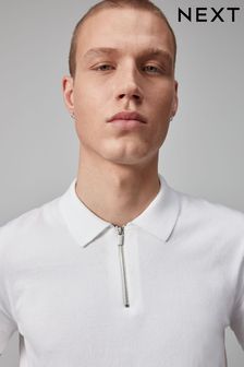 White Knitted Regular Fit Zip Polo Shirt
