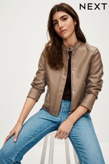 Toffee Brown Centre Front Faux Leather Jacket