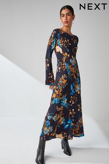 Navy Blue Floral Long Sleeve Midi Column Dress