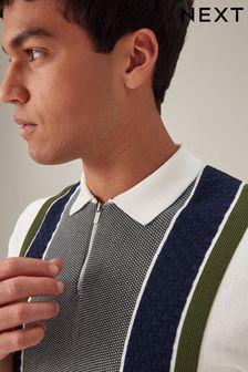 White Regular Knitted Stripe Polo Jumper