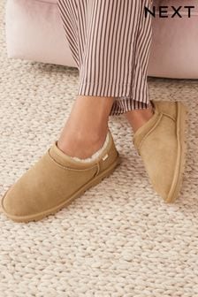 Chestnut Brown Suede Faux Fur Lined Shoot Slippers