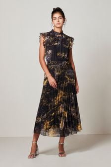Black/Yellow Pleated Mesh Floral Occasion Midi Dress