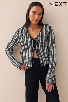 Black/Ecru Stripe Crochet Knit Tie Detail Textured Cardigan
