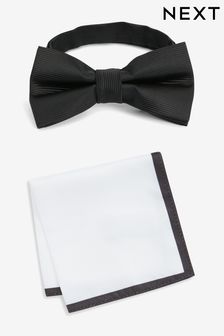 Black/White Bow Tie And Pocket Square Set