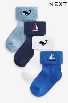 Blue/White 4 Pack Roll Top Baby Socks (0mths-2yrs)