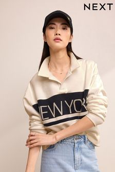 Ecru White New York City Graphic Colourblock Collar Sweatshirt