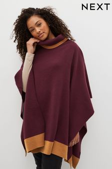 Berry Red / Pink / Mustard Roll Neck Stripe Poncho Jumper