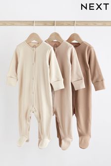 Beige Cotton Baby Sleepsuits 3 Pack (0-3yrs)