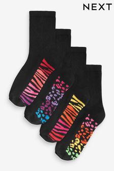 Rainbow Animal Black Cushion Sole Footbed Ankle Socks 4 Pack