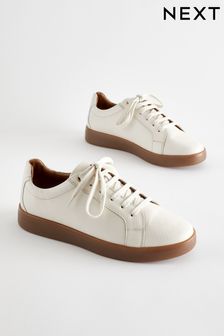 White/Tan Signature Leather Lace-Up Trainers