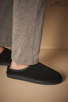 Black Faux Fur Lined Signature Suede Mule Slippers