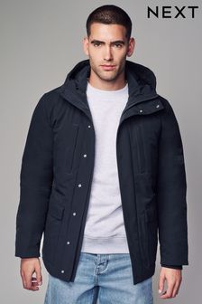 Navy Blue Borg Lined Shower Resistant Hooded Parka Jacket