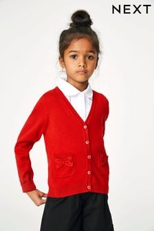 Red Cotton Rich Bow Pocket School Cardigan (3-16yrs)