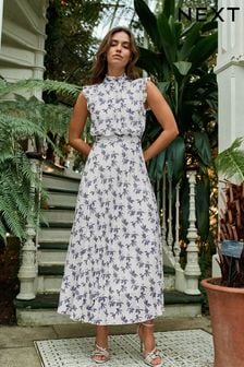 White and Navy Floral Kew Collection Mesh Pleated Ruffle Dress