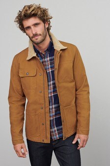 Tan Brown Canvas Borg Lined Worker Jacket