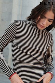 Tan Brown Stripe Long Sleeve Roll Neck Top