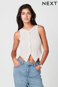 Ecru White Knitlook Ribbed Textured Jersey Waistcoat Top