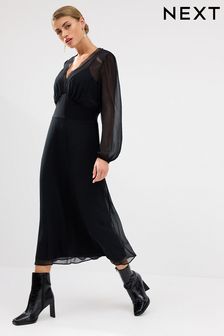 Black Long Sleeve Sheer Layer Midi Dress