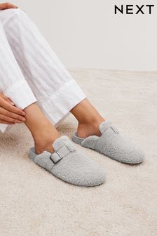 Grey Teddy Borg Buckle Mule Slippers