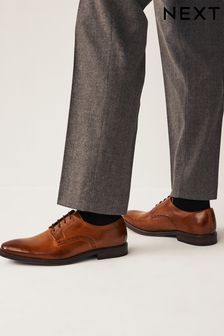 Tan Brown Leather Contrast Sole Derby Shoes