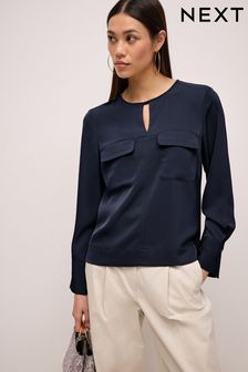 Navy Blue Utility Double Chest Pocket Long Sleeve Blouse