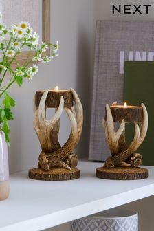 Brown Set of 2 Brown Antler Tealight Candle Holders